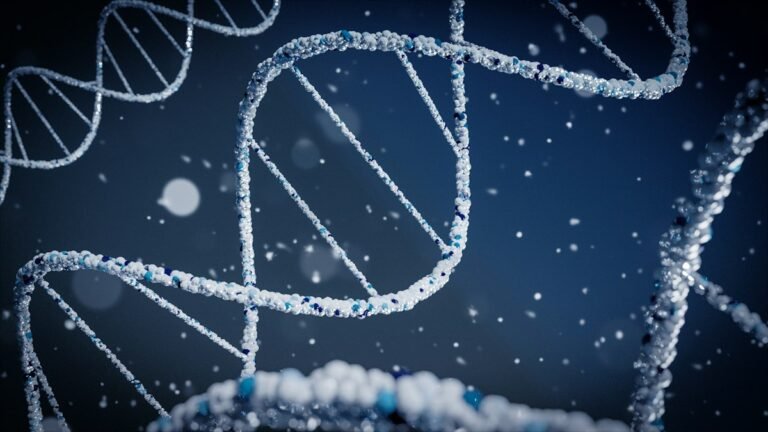 A 3D render of a DNA double helix on a blue background